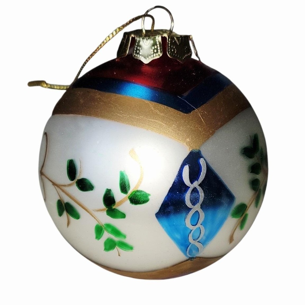 Garden Ridge Hand‎ Painted Glass Christmas Ornament Blue Red Gold Ball